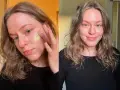 Kobieta aplikuje na twarz krem, który jest jej retinobazą na co dzień. Po lewej widać aplikację, po prawej efekt gładkiej skóry.