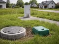 Na trawiastym podwórku widać betonowy właz i zieloną skrzynkę, a w tle białą szafę techniczną. To elementy infrastruktury, które tworzą **strefy ochronne** wokół domów.