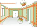 Schemat rozmieszczenia instalacji elektryka w domu. Pomarańczowe linie na zielonych ścianach pokazują przebieg przewodów i puszek.