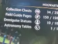 Pantalla de menú de Hogwarts Legacy mostrando el progreso de los cofres de colección, páginas de guía de campo, estatuas de desilusión y mesas de astronomía.