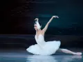 Baletnica w białej tutu, wcielająca się w rolę łabędzia, wykonuje taniec na scenie.
