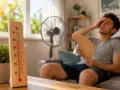 Termometro segna alta temperatura. Uomo accaldato cerca sollievo con ventaglio e ventilatore, mostrando come rinfrescare casa.