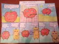 Krótki komiks do szkoły: Pan Jabłko, Pan Zdrówko, pomaga smutnej gruszce.