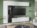 Nowoczesna zabudowa całej ściany w salonie z białymi frontami, czarnymi półkami na książki i telewizorem na zielonym tle.