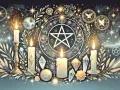 Płonące świece, kryształy i pentagram na tle magicznych symboli i gwiazd.