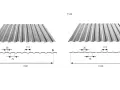 Blacha trapezowa T14D i T14E. Wymiary: szerokość 1100 mm, wysokość trapezu 35 mm, rozstaw między trapezami 75 mm, a szerokość jednego trapezu 110 mm.
