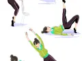 Illustrations de femmes pratiquant le renforcement musculaire : pont, étirements et exercices avec chaise.
