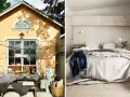 En gul stuga med utomhusbord och en mysig sovrumsmiljö. Smart inredning liten stuga med fokus på funktion och stil.