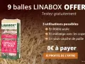 Un sac de litière de lin LINABOX, idéal pour les chevaux. Offre spéciale : 9 balles offertes pour tester cette litière écologique.