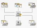 Diagram przedstawia problem z połączeniem, centralny laptop z napisem "504" i symbolem klucza, otoczony ikonami przeglądarek, kodu i logów. To wizualizacja błędu serwera.