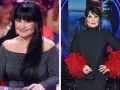 Iwona Szymańska-Pavlović w błyszczącej sukni i czarnej kreacji z piórami.