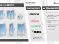 Zestaw okien z wymiarami i logotypami producentów: Decco, Aluplast, Salamander, Rehau, Gealan.