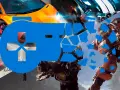 Un mando de videojuego azul se rompe en pedazos sobre coches de carreras y un robot. ¡Basta de juegos que matan!