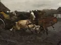 Dynamiczna scena z obrazu Chełmońskiego: czwórka koni w galopie, powóz, chłopi i wiejskie chałupy.