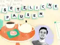 Jugendarbeitsschutzgesetz Pausen: Zwei lächelnde Personen, Kaffee, Tee und ein Donut auf einem Tisch. Scrabble-Buchstaben bilden "Gesetzliche Pausen".