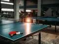 Tischtennisplatten in Berlin, bereit für das nächste Match. Ein roter Schläger und zwei weiße Bälle liegen auf dem blauen Tisch.