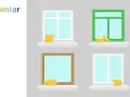Stapel Münzen auf Fensterbänken, die unterschiedliche Fensterrahmen und -größen zeigen. Die Grafik illustriert die Frage nach den Fenster Kosten pro m2.