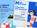 Illustration d'une jeune fille en maillot de bain, d'une bouée et d'une piscine, avec des textes sur les colonies de vacances.