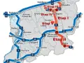 Mapa przedstawia stary kolejowy szlak podzielony na etapy I-V, z zaznaczonymi miastami jak Szczecin, Koszalin, Kołobrzeg.
