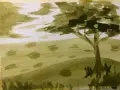Un arbre solitaire se dresse dans un paysage de lavis aquarelle, avec des nuages vaporeux dans le ciel et des taches d'herbe au sol.