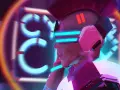 Cyberpunk-Figur mit leuchtenden VR-Brillen und Irokesenschnitt, inspiriert von OpenAI MuseNet, im Neonlicht.