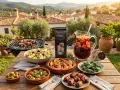 Tapas selber machen: Köstliche Garnelen, Pilze, Oliven, Spieße und Sangria auf einem Tisch im Freien mit Blick auf eine mediterrane Landschaft.