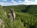Felsformationen im Bielatal, ideal zum Wandern. Ein Wanderer genießt die Aussicht auf den dichten grünen Wald unter blauem Himmel.