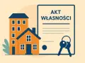 Akt własności i klucze symbolizują przekształcenie użytkowania wieczystego we własność. Dom i budynek obok.