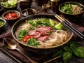 En skål med vietnamesisk mat, pho, med nudlar, tunt skivat kött, färska örter och lime.