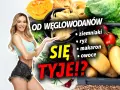 Kobieta w sportowym stroju obok warzyw i makaronu pyta: "Czy węglowodany tuczą?". Lista zawiera ziemniaki, ryż, makaron i owoce.