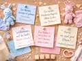 Kleine Hasen, Söckchen und Botschaften feiern die Geburt eines Jungen. Alles Liebe zur Geburt!