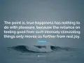 A quote by Joe Dispenza on a stormy ocean background, discussing true happiness and its sources beyond fleeting pleasure.