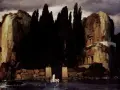 Le tableau "L'Île des morts" dépeint une île rocheuse sombre, bordée de cyprès, avec une barque transportant une figure solitaire vers un rivage mystérieux.