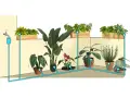 Sistema di irrigazione a goccia fai da te con bottiglia, che collega un rubinetto a diverse piante in vaso e fioriere.