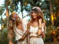 Dos amigas sonríen, adornadas con coronas de flores. Su vínculo es tan fuerte como una **piedra de la amistad**.