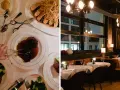 Essen gehen in Berlin: Teller mit Fleisch, Beilagen und eine Hand, die mit einer Zange zugreift. Im Hintergrund ein stilvolles Restaurant mit Tischen und Lichtern.