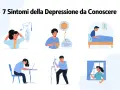 Illustrazioni di persone che mostrano sintomi di depressione e stanchezza: apatia, difficoltà a concentrarsi, isolamento, perdita di interesse.