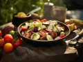 En härlig grekisk sallad med tomater, gurka, fetaost och oliver, serverad utomhus i solsken.