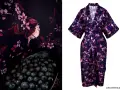 Granatowe kimono wiskoza z motywem ptaków i kwitnących gałązek. Wzór inspirowany naturą, jak świeże jagody i kwitnące drzewa.