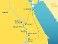 Mapa Egiptu z zaznaczonymi trasami zwiedzania: Hurghada, Luksor, Dolina Królów, rejs po Nilu, Edfu, Kom Ombo, Asuan.