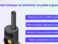 Illustration d'un poêle à granulés avec des instructions pour son entretien : nettoyer la vitre, vider le cendrier, nettoyer le creuset et retirer la poussière du réservoir.