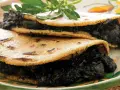 Dos tortillas de maíz rellenas de quelites, un platillo que evoca lo que comían los aztecas.