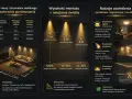 Wybór oświetlenia: lumeny i kelwiny. Tabela pokazuje, ile lumenów potrzeba na m², zależnie od natężenia światła (lx). Wykres ilustruje wpływ wysokości montażu na natężenie światła.