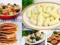Kolaz z daniami: ryż z kurczakiem i warzywami, kluski, naleśniki, kulki ryżowe i faszerowane cukinie.