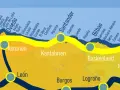 Karte des Jakobswegs in Nordspanien. Der Camino del Norte führt von Ribadeo über Oviedo, Santander und Bilbao nach Irun.