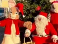 Tomten och två påskharen-liknande figurer i tomtedräkter. En julrebus med svar?