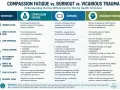 Chart comparing compassion fatigue, burnout, and vicarious trauma for mental health clinicians, highlighting causes, symptoms, and recovery strategies, emphasizing compassion and understanding.