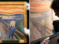 En man fotograferar Edvard Munchs ikoniska "Skriet". Konstverket med sin skräckslagna figur och dramatiska himmel visas i två delar.
