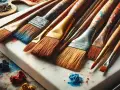 Ensemble de pinceaux à huile en bois, prêts pour le nettoyage. Des touches de couleur bleue et rouge subsistent sur les poils.