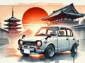 Urocze, białe auto z Japonii na tle zachodzącego słońca i tradycyjnych pagód.